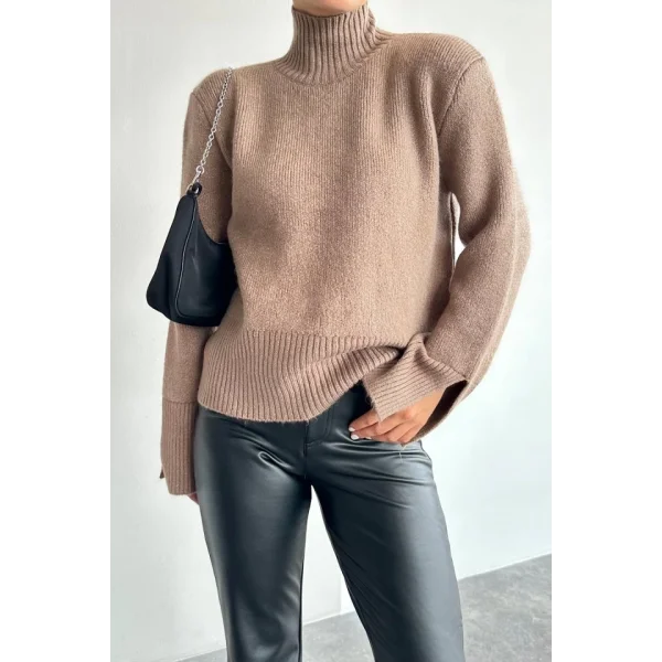 Kolları Yırtmaçlı Triko Kazak - Vizon