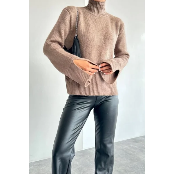 Kolları Yırtmaçlı Triko Kazak - Vizon