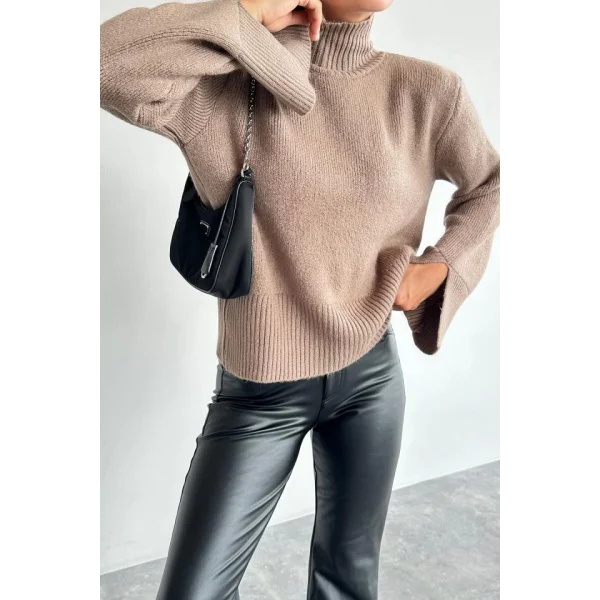 Kolları Yırtmaçlı Triko Kazak - Vizon