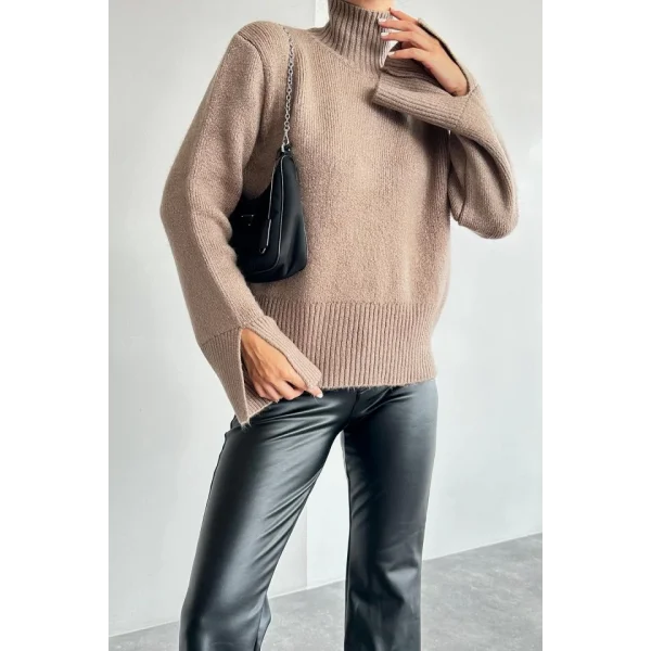 Kolları Yırtmaçlı Triko Kazak - Vizon