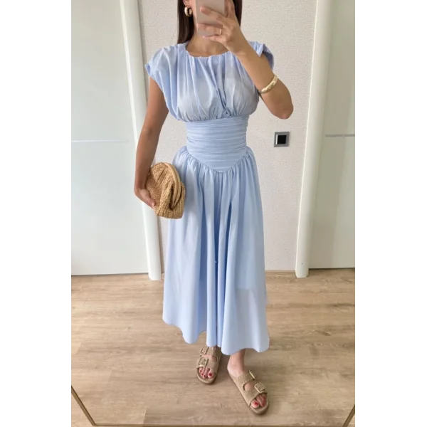 Kolsuz Bel Detaylı Yazlık Poplin Kumaş Uzun Elbise - Mavi