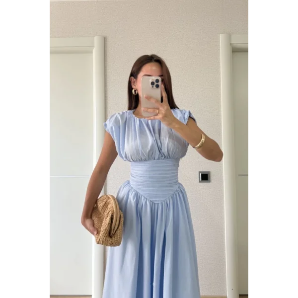 Kolsuz Bel Detaylı Yazlık Poplin Kumaş Uzun Elbise - Mavi