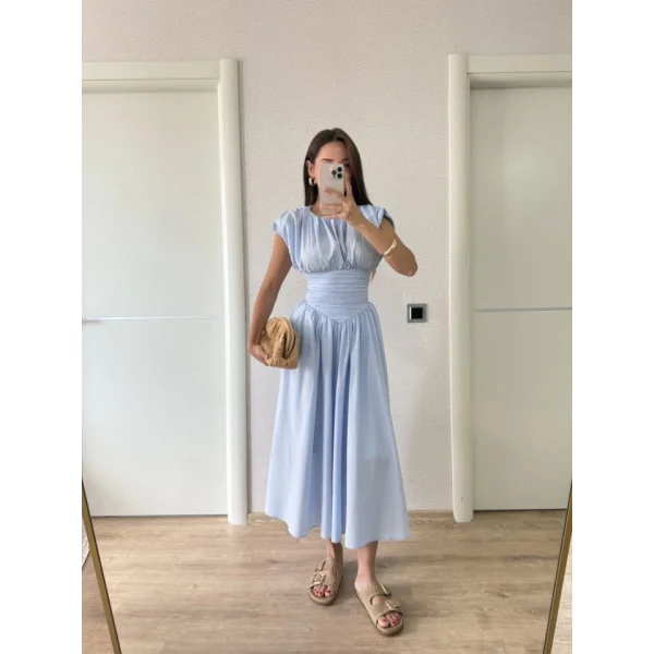 Kolsuz Bel Detaylı Yazlık Poplin Kumaş Uzun Elbise - Mavi