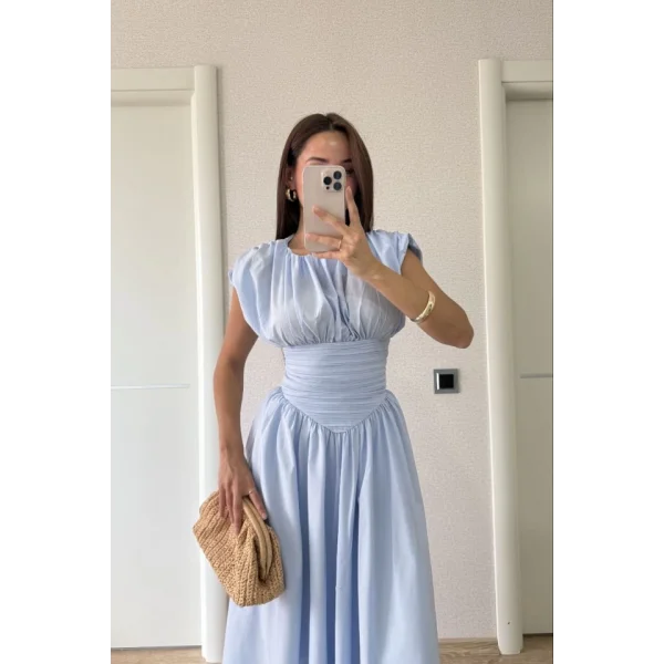 Kolsuz Bel Detaylı Yazlık Poplin Kumaş Uzun Elbise - Mavi