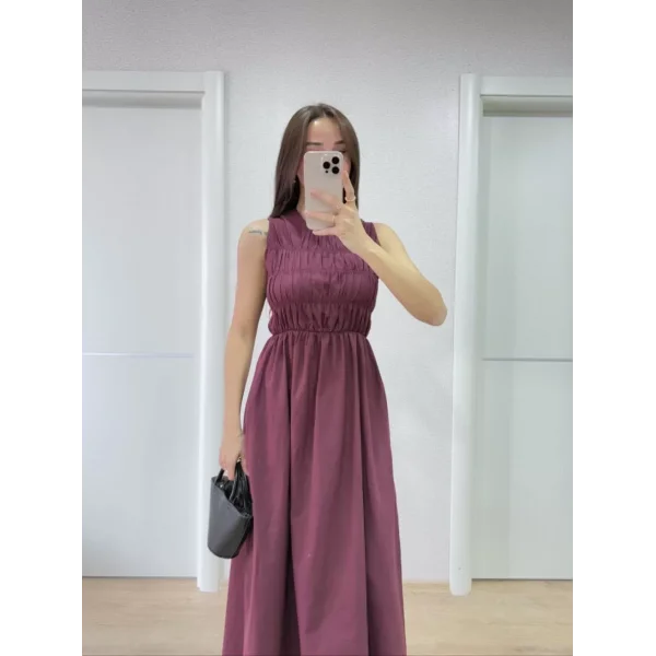 Kolsuz Göğüs Lastıklı %100 Poplin Uzun Elbise - Bordo