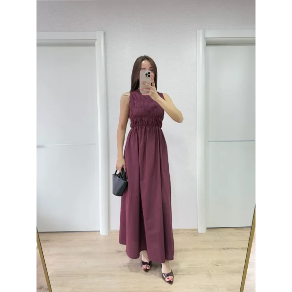 Kolsuz Göğüs Lastıklı %100 Poplin Uzun Elbise - Bordo