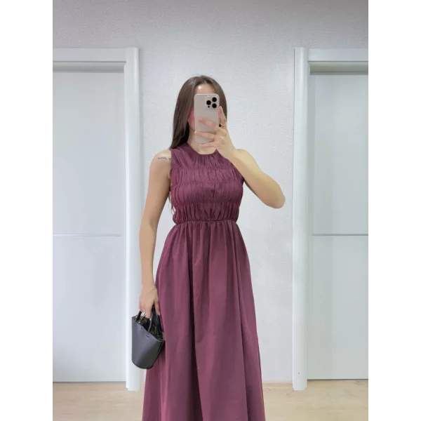 Kolsuz Göğüs Lastıklı %100 Poplin Uzun Elbise - Bordo