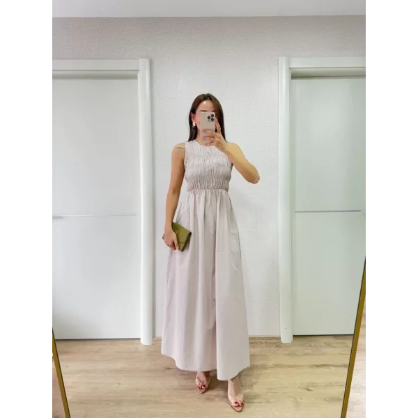 Kolsuz Göğüs Lastıklı %100 Poplin Uzun Elbise - Gri