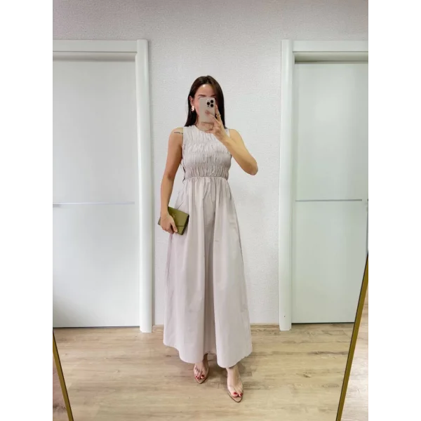 Kolsuz Göğüs Lastıklı %100 Poplin Uzun Elbise - Gri