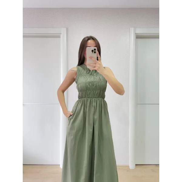 Kolsuz Göğüs Lastıklı %100 Poplin Uzun Elbise - Yeşil