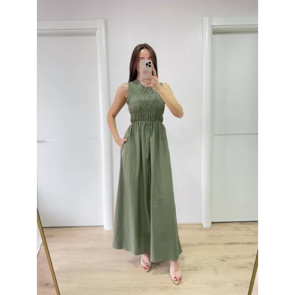 Kolsuz Göğüs Lastıklı %100 Poplin Uzun Elbise - Yeşil