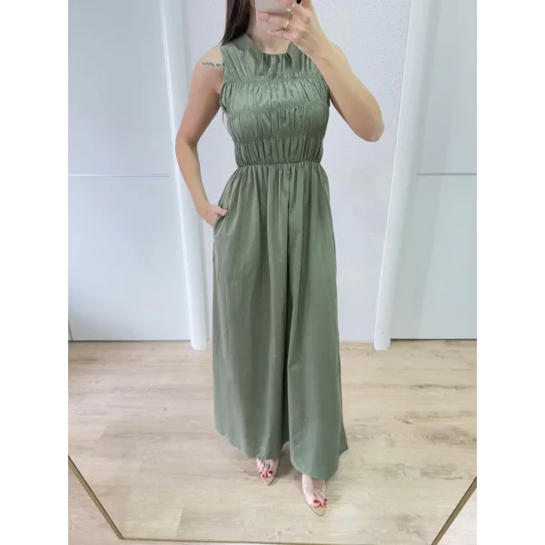 Kolsuz Göğüs Lastıklı %100 Poplin Uzun Elbise - Yeşil