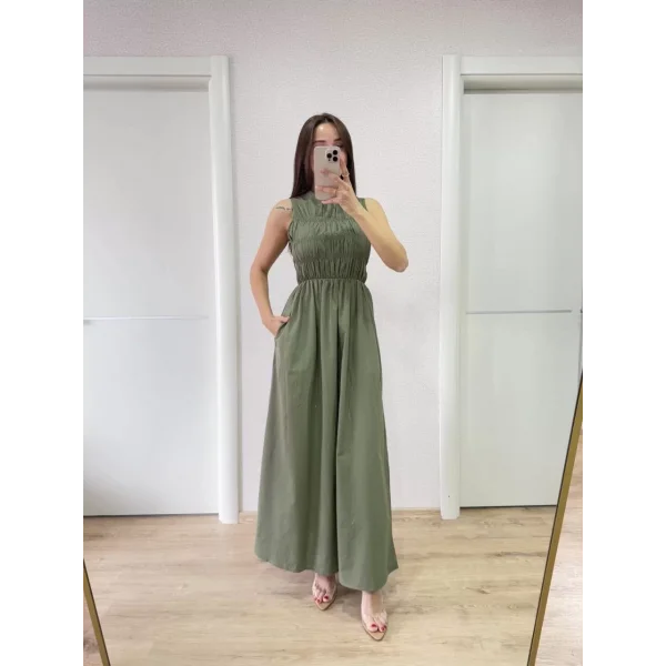 Kolsuz Göğüs Lastıklı %100 Poplin Uzun Elbise - Yeşil