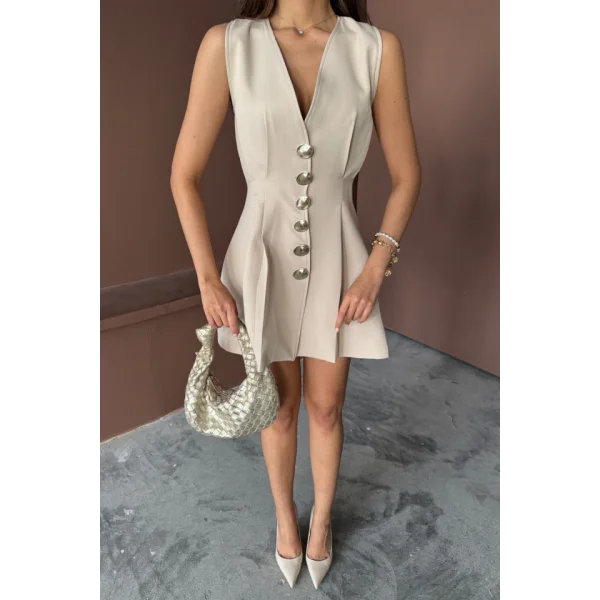 KOLSUZ GOLD DÜĞME ELBİSE PENS VE PİLELİ KISA - Bej