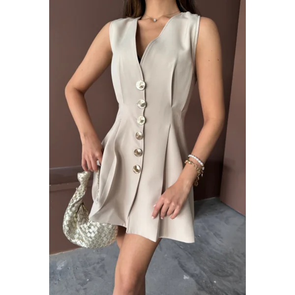 KOLSUZ GOLD DÜĞME ELBİSE PENS VE PİLELİ KISA - Bej