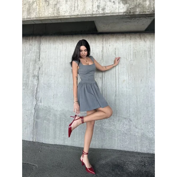 Kolsuz ini Elbise Gri