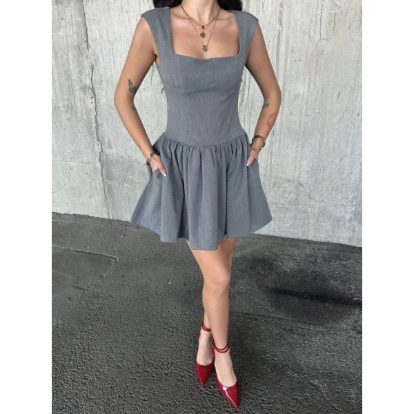 Kolsuz ini Elbise Gri