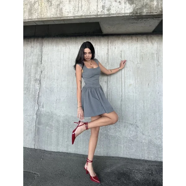 Kolsuz Mini Elbise- Gri