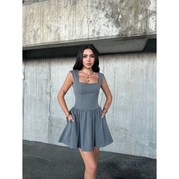Kolsuz Mini Elbise- Gri