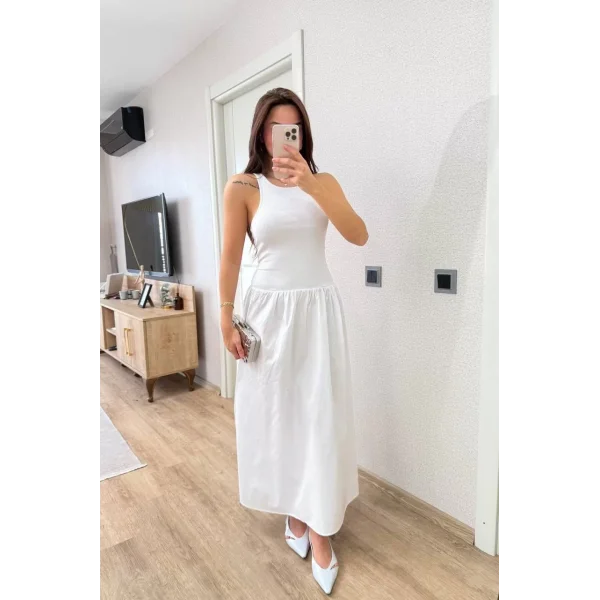 Kolsuz Uzun Elbise - Beyaz