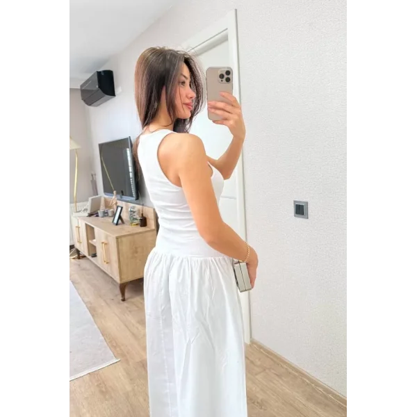 Kolsuz Uzun Elbise - Beyaz