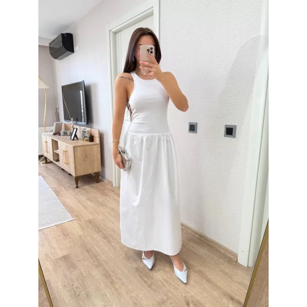 Kolsuz Uzun Elbise - Beyaz