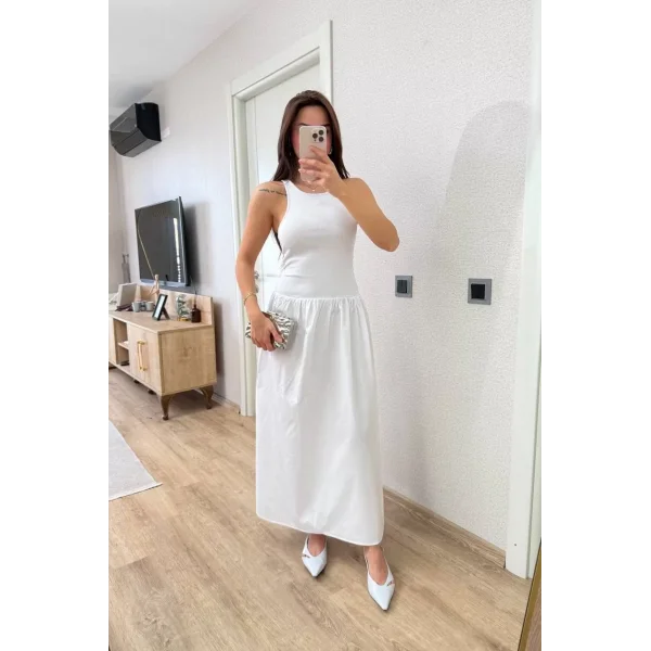 Kolsuz Uzun Elbise - Beyaz