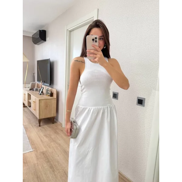 Kolsuz Uzun Elbise - Beyaz