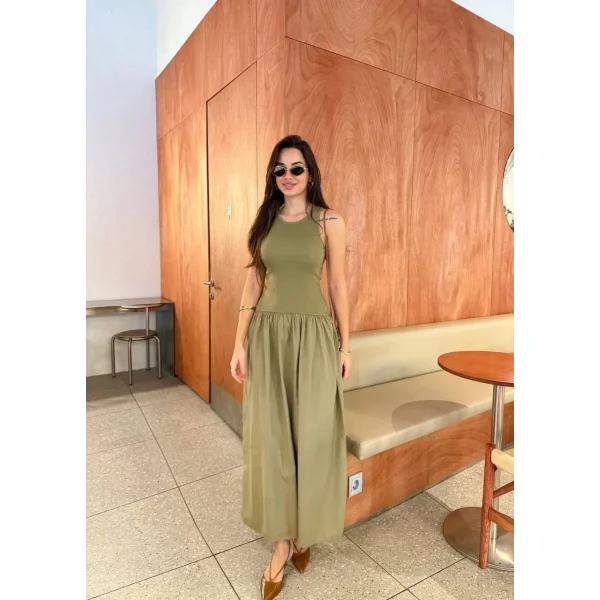 Kolsuz Uzun Elbise - Haki