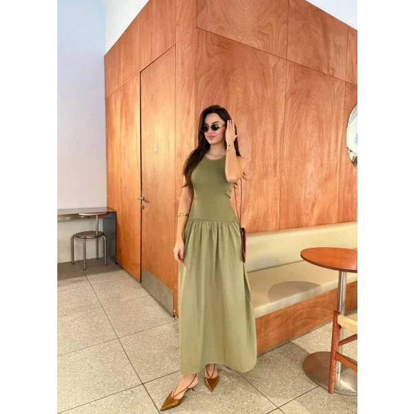 Kolsuz Uzun Elbise - Haki