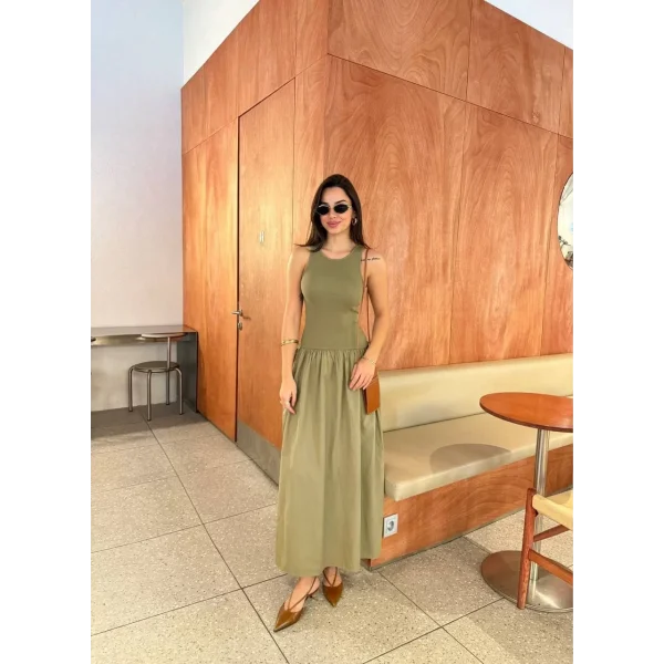 Kolsuz Uzun Elbise - Haki