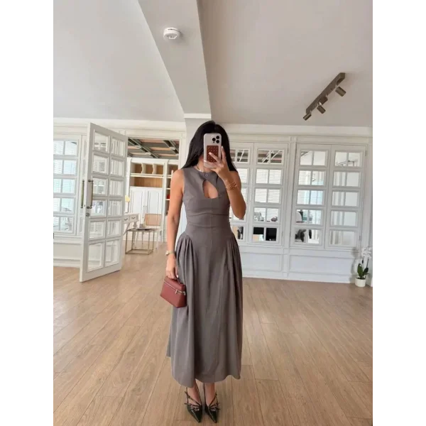 Kolsuz Uzun Kabardin Elbise - Gri