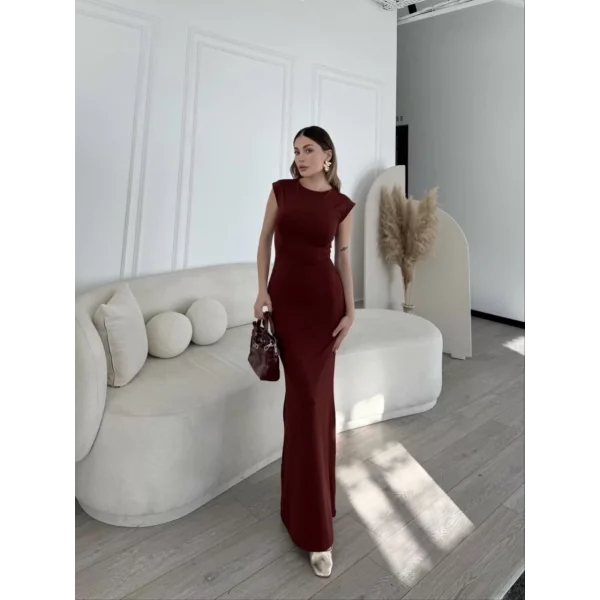 Kolsuz Uzun Likralı Elbise - Bordo