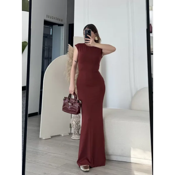 Kolsuz Uzun Likralı Elbise - Bordo