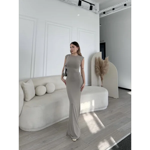 Kolsuz Uzun Likralı Elbise  Gri