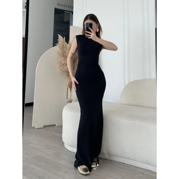 Kolsuz Uzun Likralı Elbise - Siyah