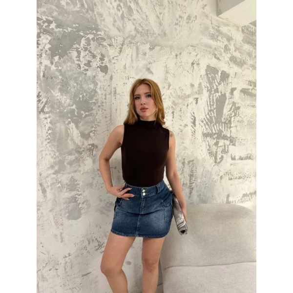 Kolsuz Yarım Bağazlı Badi Bluz  iyah