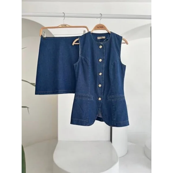 Kolsuz Yelekli Mini Etekli Denim Takım 10164