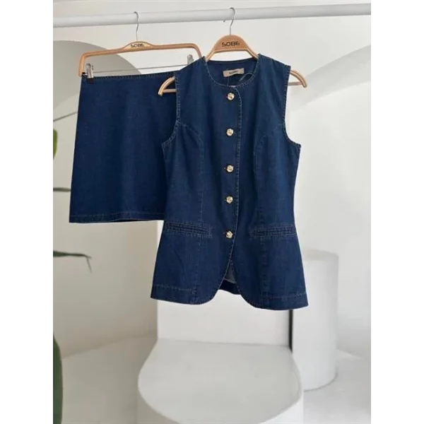 Kolsuz Yelekli Mini Etekli Denim Takım 10164