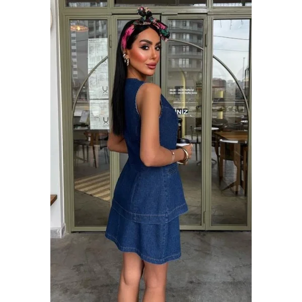 Kolsuz Yelekli Mini Etekli Denim Takım 10164