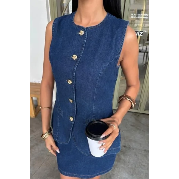 Kolsuz Yelekli Mini Etekli Denim Takım 10164