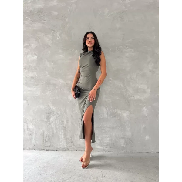 Kolsuz Yırtmaçlı Uzun maxı boy Elbise - Yeşil