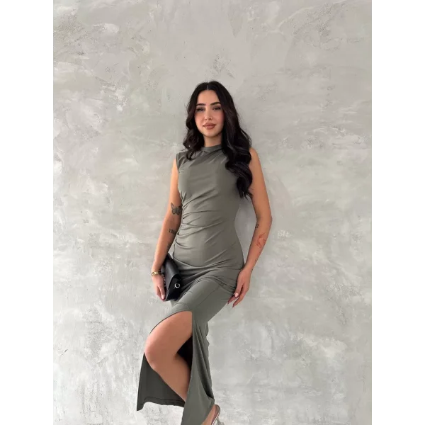 Kolsuz Yırtmaçlı Uzun maxı boy Elbise - Yeşil