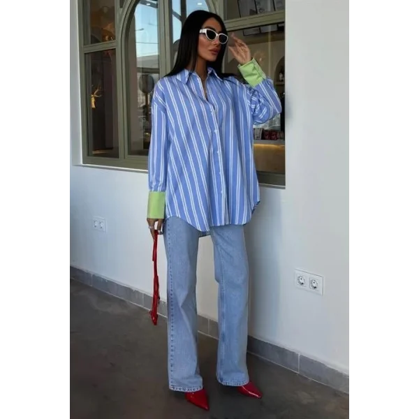 Kolu Manşet Detay Çizgili Oversize Gömlek 3405