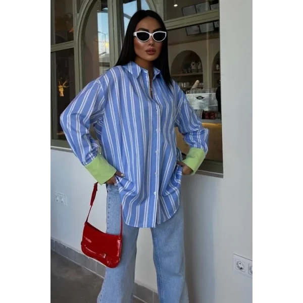 Kolu Manşet Detay Çizgili Oversize Gömlek 3405