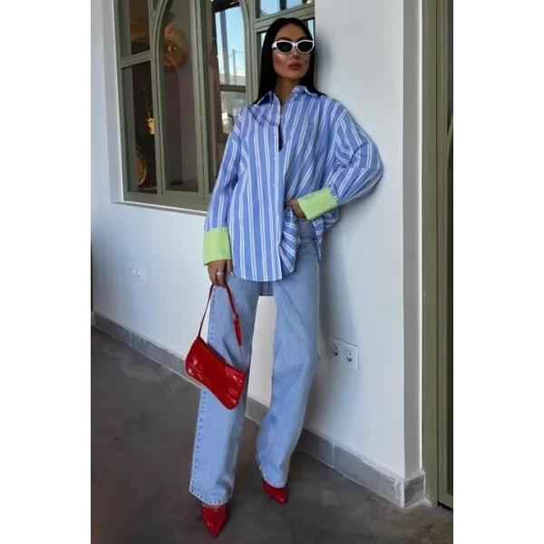 Kolu Manşet Detay Çizgili Oversize Gömlek 3405