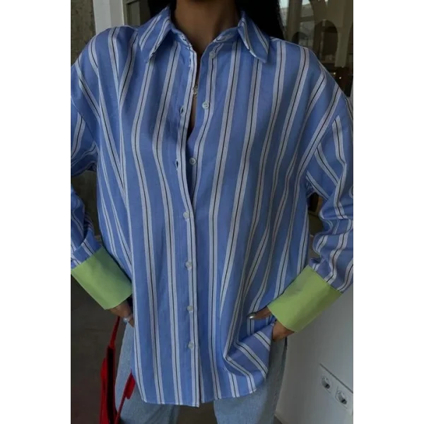 Kolu Manşet Detay Çizgili Oversize Gömlek 3405