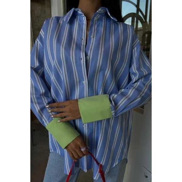 Kolu Manşet Detay Çizgili Oversize Gömlek 3405