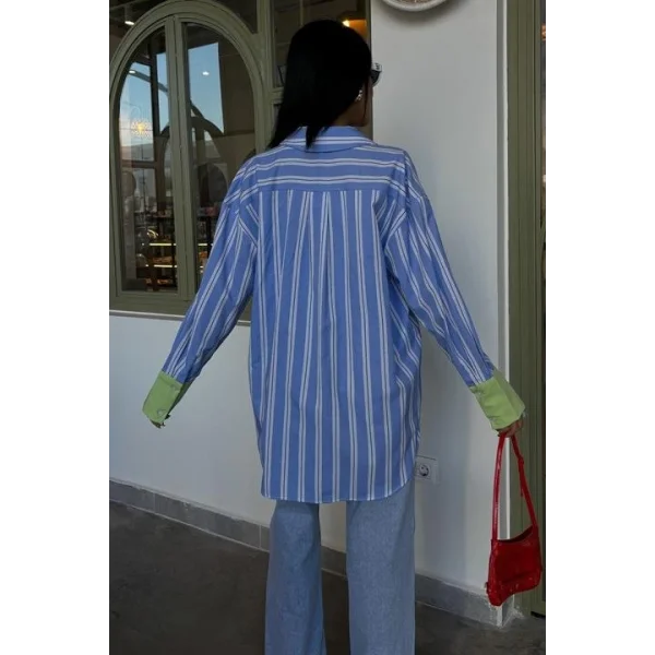 Kolu Manşet Detay Çizgili Oversize Gömlek 3405