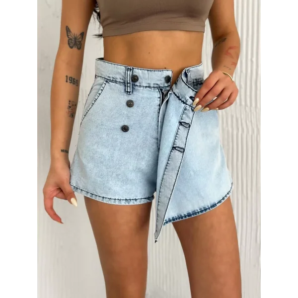 Kot Jeans Kesimetrik Kesim Cepli Şortlu Etek - Gri